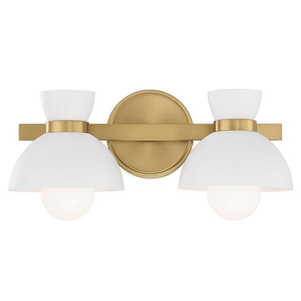 Meridian 16.50 in. 2-Light Natural Brass Vanity Light with White Metal Shades