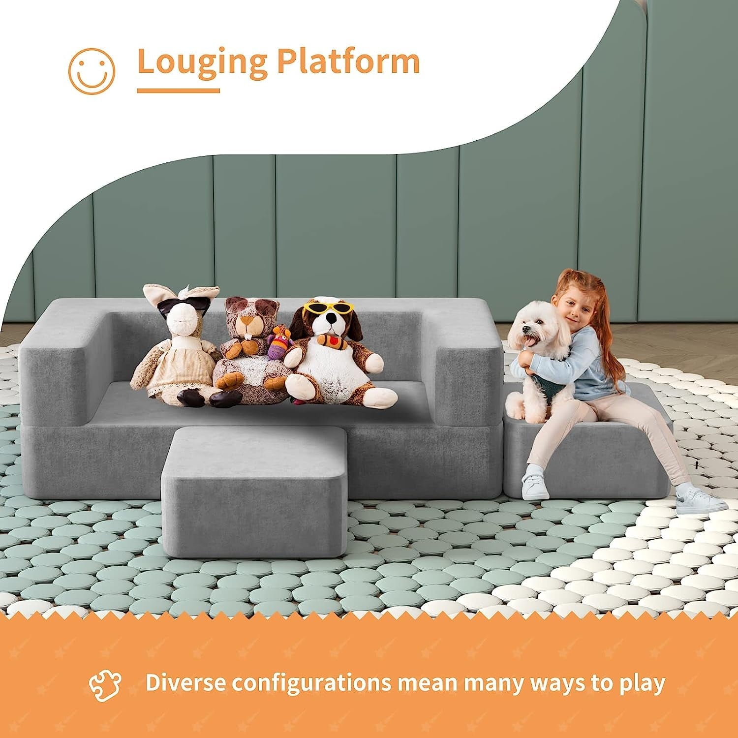 Wanan Kids Couch with Two Ottoman, Toddler Couch Sofa for Kids, Modular Kids Sofa Couch with Washable Covers, Play Couch Foldable Loveseat, Kids Fold Out Couch Lounger (Gray)