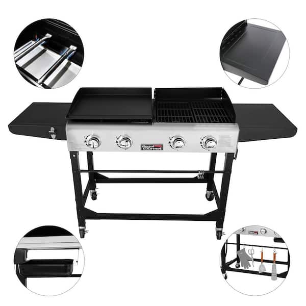 4-Burners Portable Propane Gas Grill and Griddle Combo Grills in Black with Side Tables with Cover