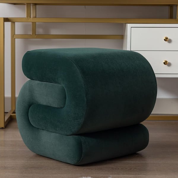 Dark Green S-shape Velvet Fabric Ottoman Makeup Stool Footstool For Living Room