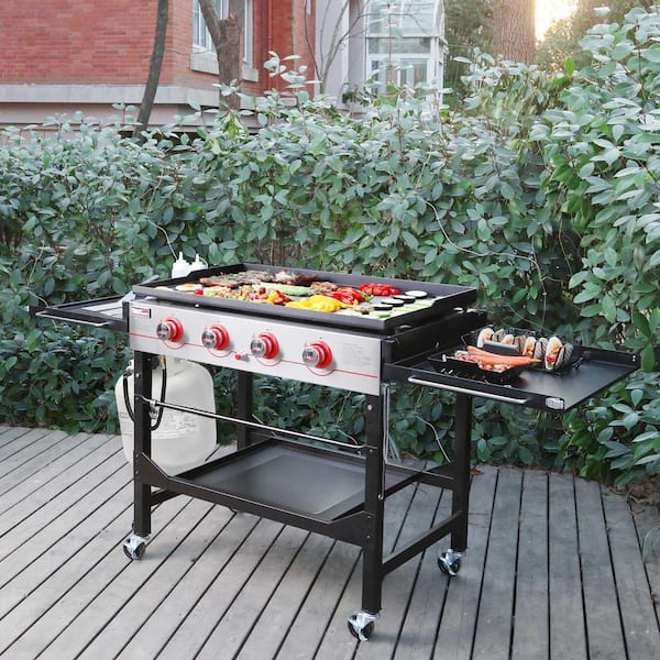 36 in. 4-Burner Propane BBQ Grill in Black Flat Top Gas Griddle with Top Cover Lid, for Large Outdoor Camping
