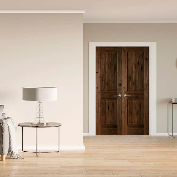 48 in. x 80 in. Rustic Knotty Alder 2-Panel Sq-Top w.VG Both Active Solid Core Wood Double Prehung Interior French Door