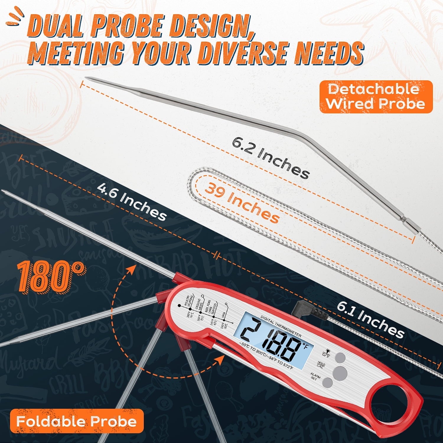 Meat Thermometer for Cooking, Saferell 2-in-1 Instant Read Food Thermometer with Foldable Probe & Oven Safe Wired Probe, Backlight, and Magnet for Deep Fry, BBQ, Grill and Roast Turkey