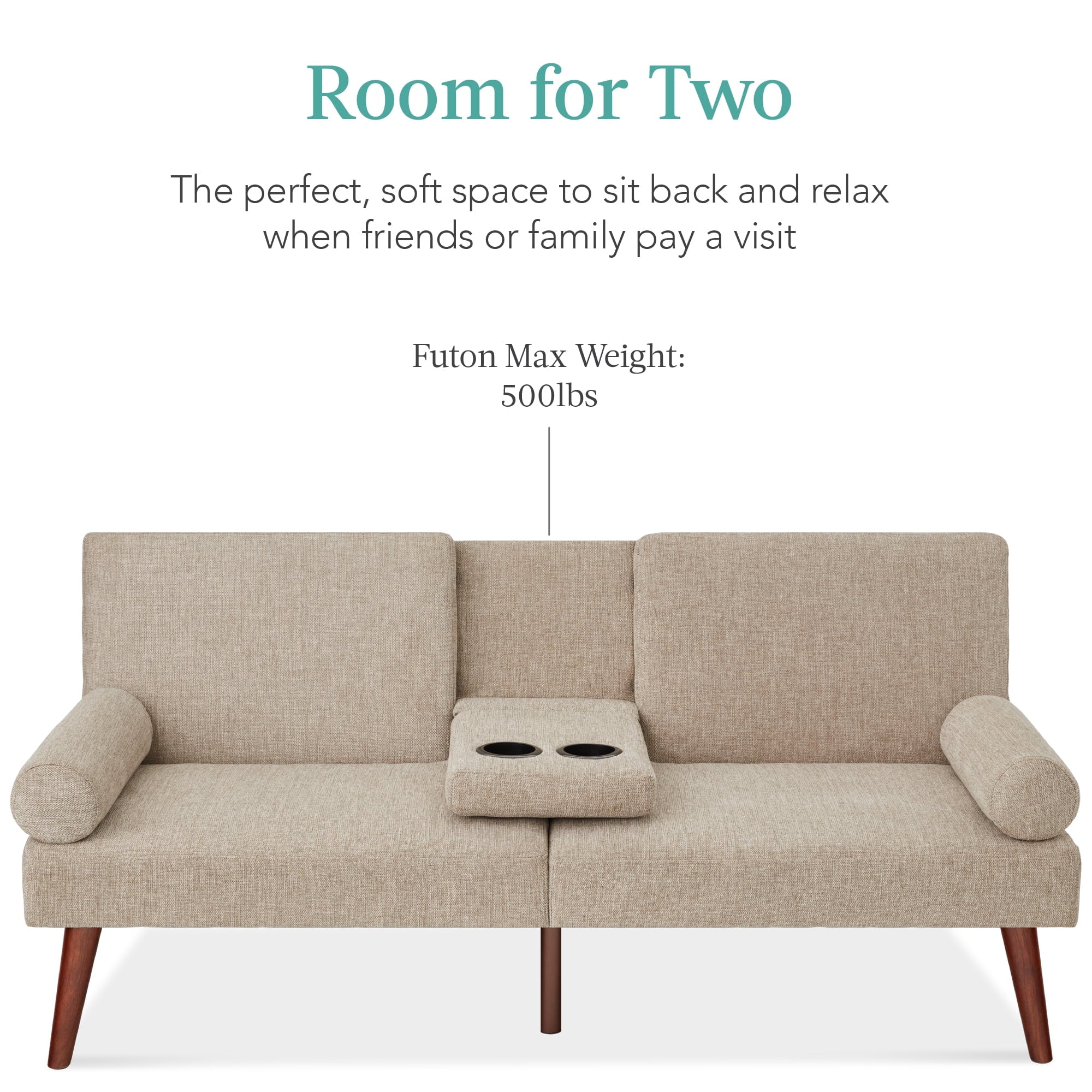 Best Choice Products Fabric Upholstered Convertible Futon w/ Rounded Armrests, Wooden Legs, 2 Cupholders - Sand