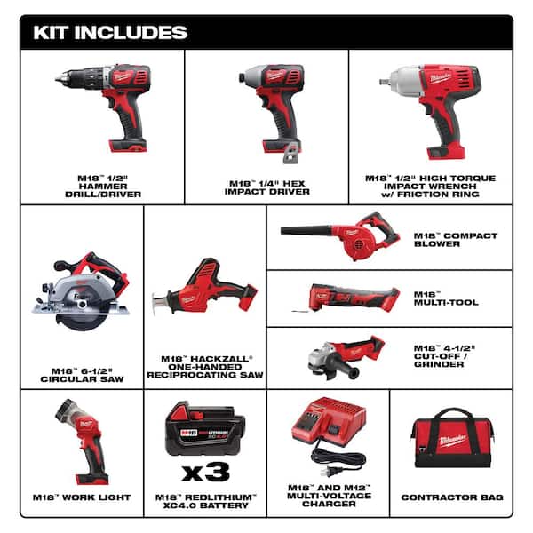 M18 18V Lithium-Ion Cordless Combo Tool Kit (9-Tool) w/(3) 4.0 Ah Batteries, Charger, Tool Bag & Bit Set (23-Piece)