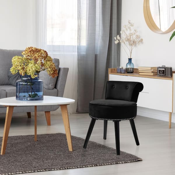 Black Wood Upholstered Vanity Stool Round Velvet 17.3 in. W x 15.7 in. D x 25.1 in. H
