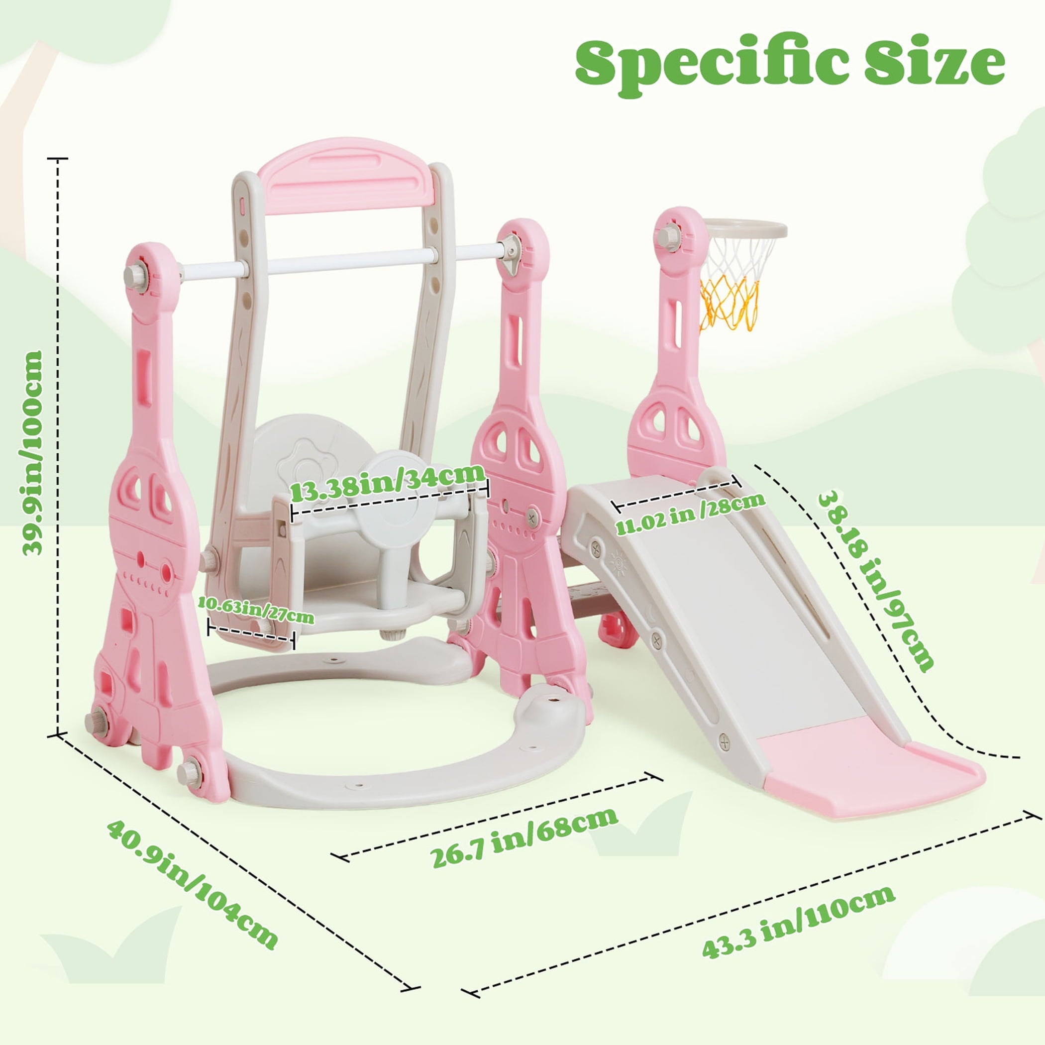Ealing   4 in 1  Slide and Swing Set for Toddler  Indoor and Outdoor Baby Slide Climber Playset  with Basketball Hoop &  Backyard Playground Swing Slide for Boys and Girl Slide length: 11.02' L Pink