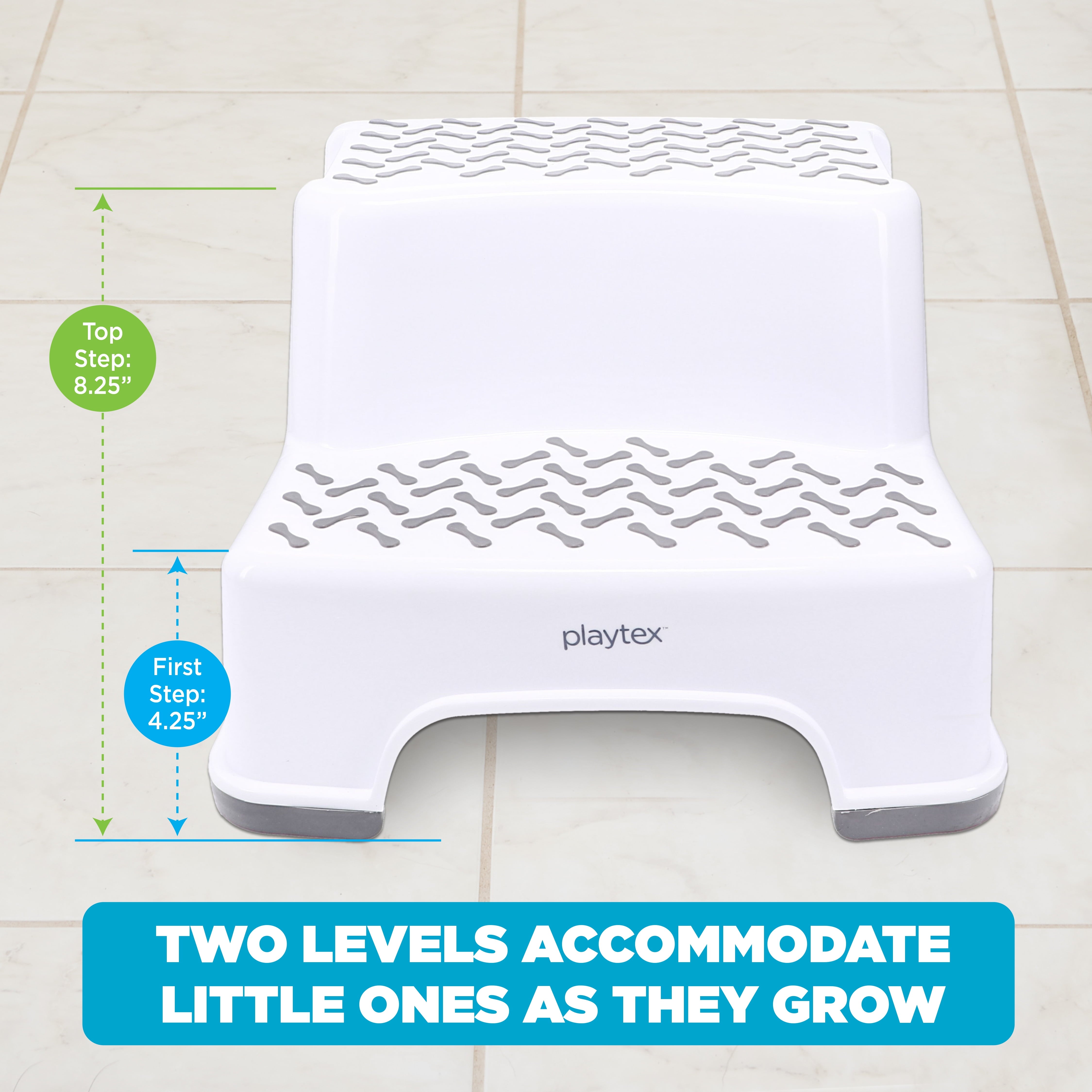 Playtex White 2-Tier Step Stool, Kids Bathroom and Bedroom Plastic Step Stool