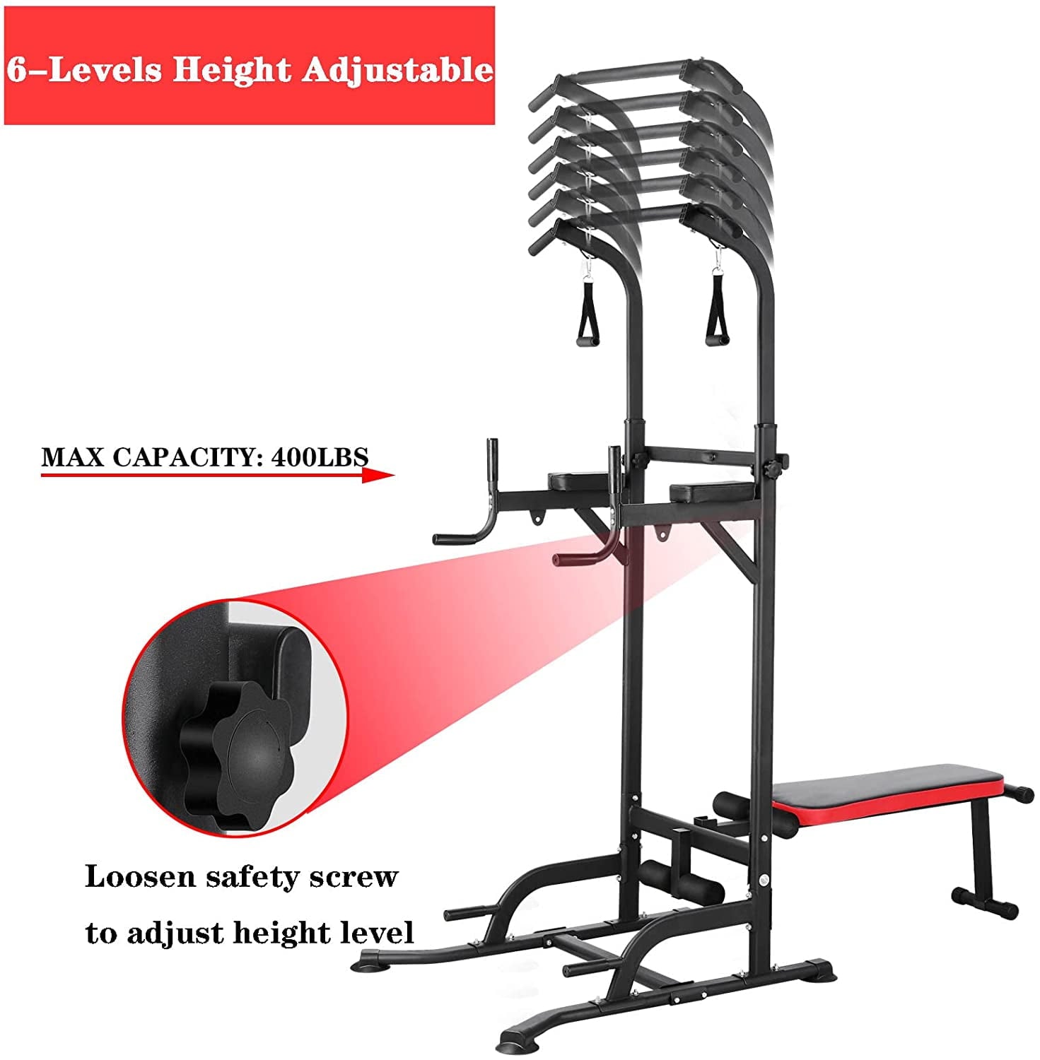 Pirecart Adjustable Power Tower Dip Station Pull Up Bar Strength Training with Bench