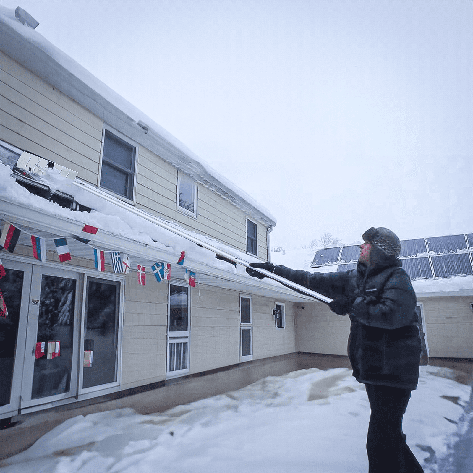 MoNiBloom 20FT Aluminum Snow Roof Rake, Extendable Snow Shovel Adjustable Sectional Snow Removal Tool with Wheels and Anti-Slip Handle for Roof Car, Silver