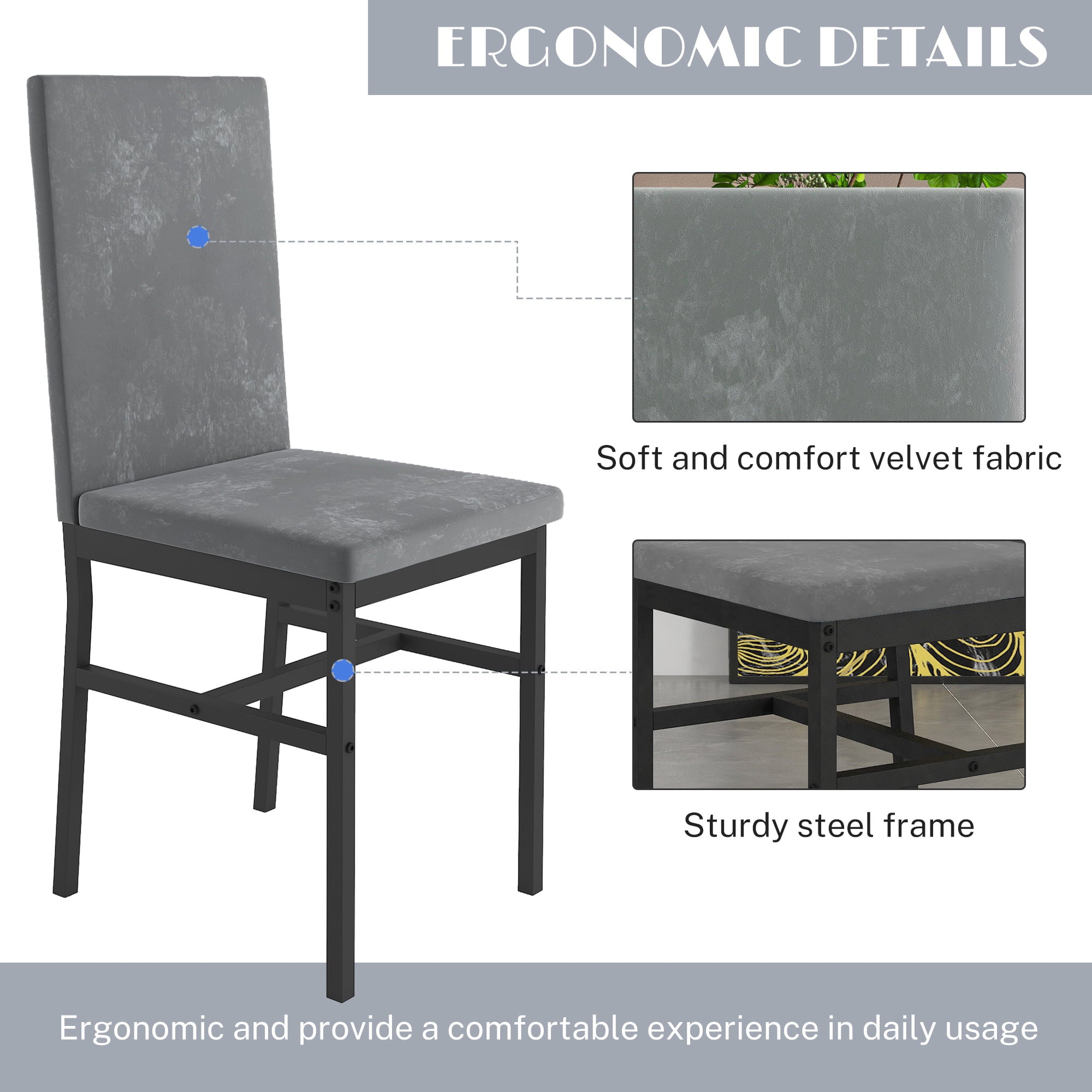 Paproos Dining Table Set for 4, Modern 5-Piece Kitchen Table Set with Marble Top and Velvet Upholstery Chairs, Heavy Duty Dinette Sets for Breakfast Nook, Dining Room Table and Chairs, Gray