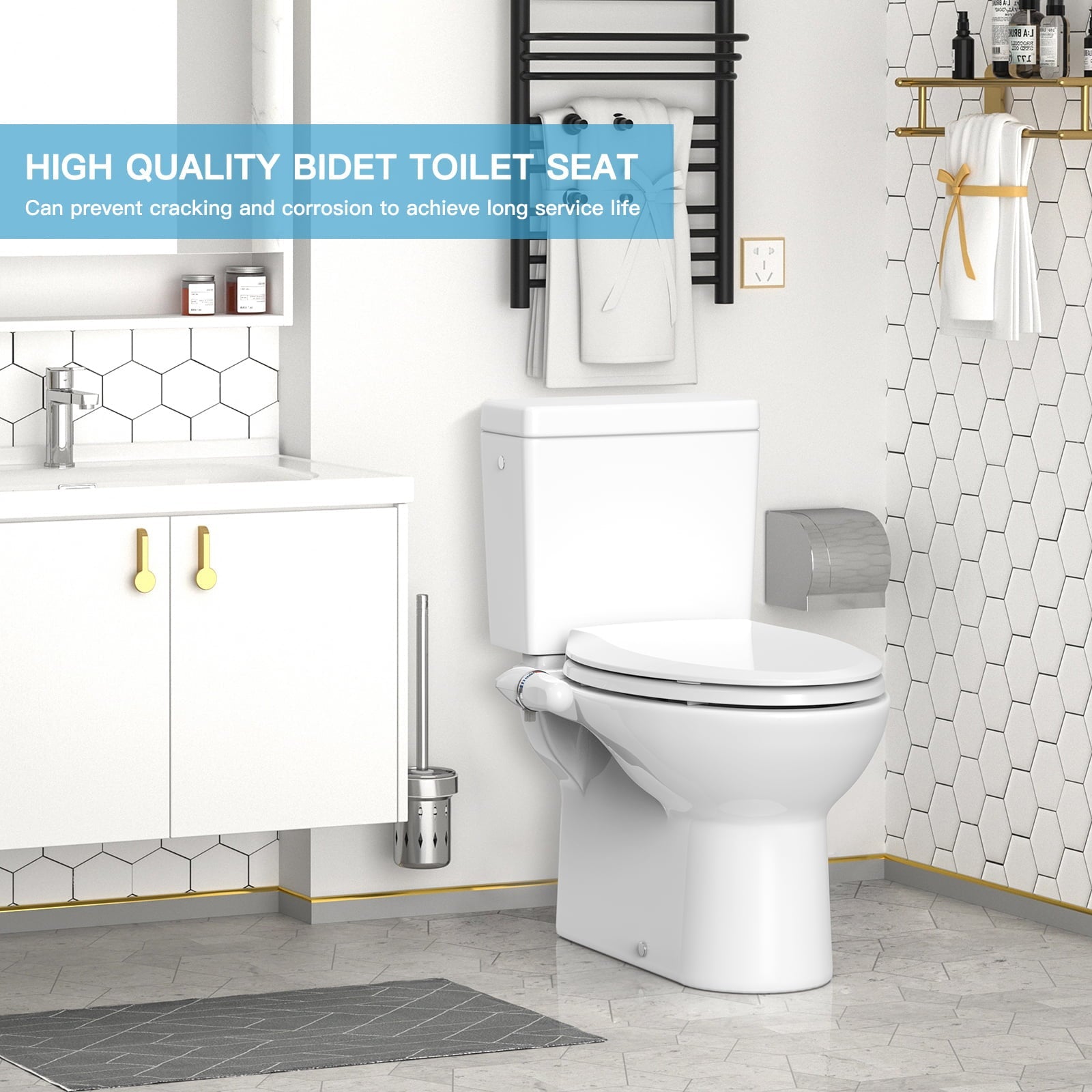 Elongated Manual Bidet Toilet Seat Non Electric, Quick-Release White Quiet-Close Lid, Bidet Seat with Self-Cleaning