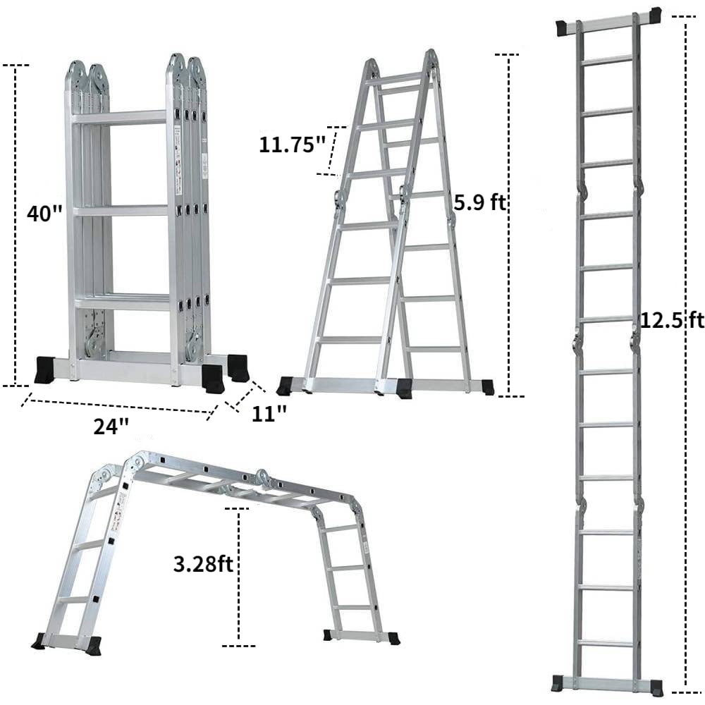 Ktaxon 12.5ft 7 in 1 Multi-Purpose Scaffold Ladder, Folding Aluminium Extension Ladder,  EN 131 Standard, 330lbs Capacity