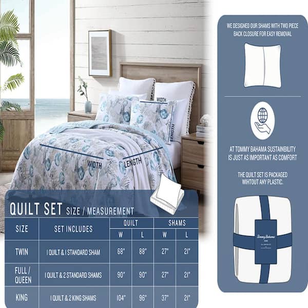 Distressed Water Leaves 3-Piece Blue Cotton King Quilt Set