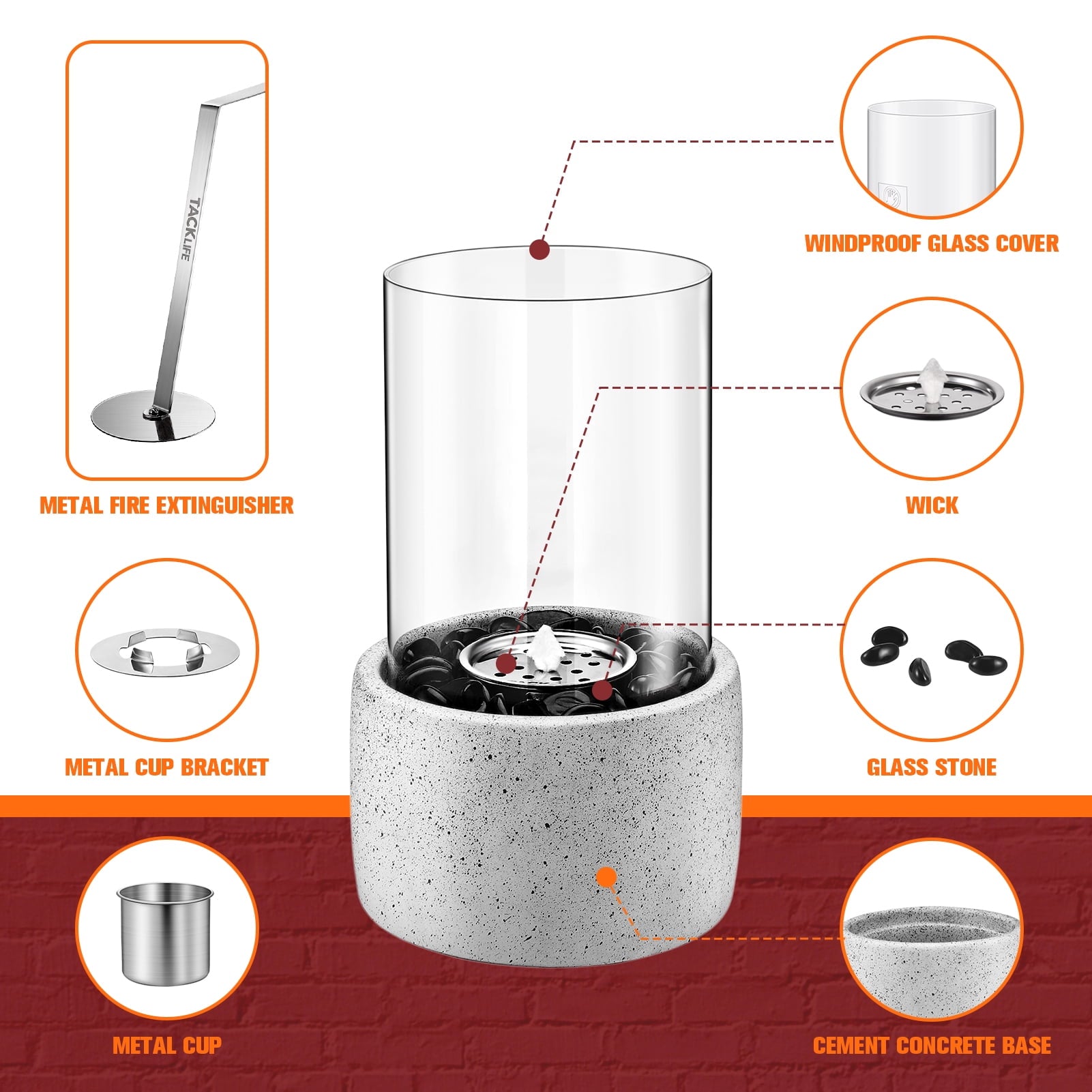 TACKLIFE Tabletop Fire Pit, Tabletop Fireplace with Glass Stone, Concrete Material and Windproof Glass Cover - FP1