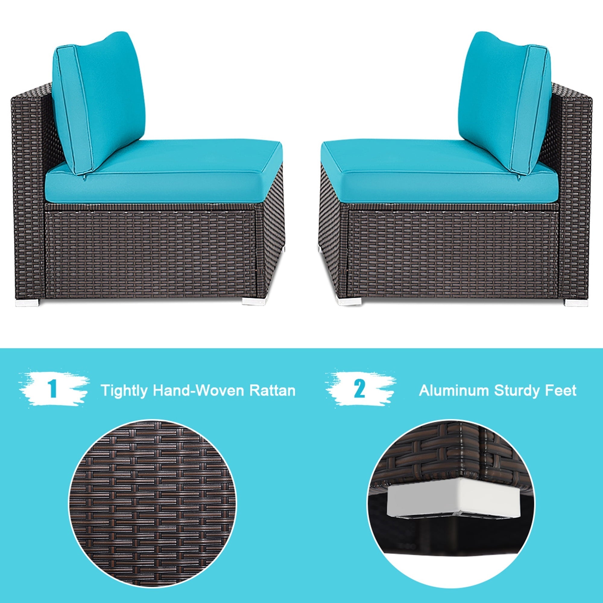 Gymax 2PCS Patio Wicker Rattan Sectional Armless Chair Sofa w/ Turquoise Cushion