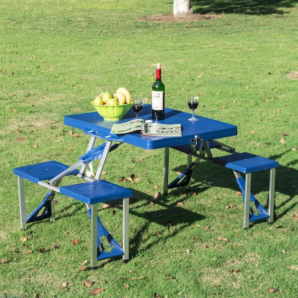 4-Person Plastic Portable Compact Folding Suitcase Picnic Table Set with Umbrella Hole and Simple Setup Blue