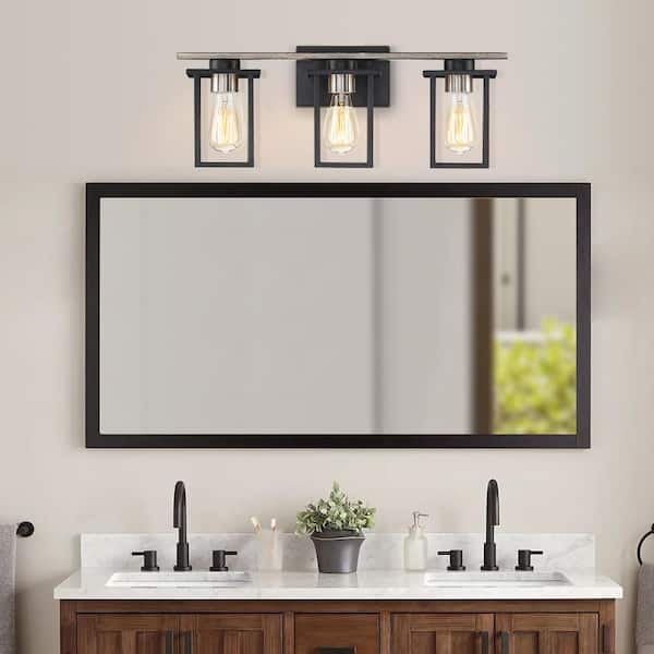 24.4 in. 3-Light Matt Black/Wood Tone Rustic Farmhouse Bathroom Vanity Light with Open Cage Shades