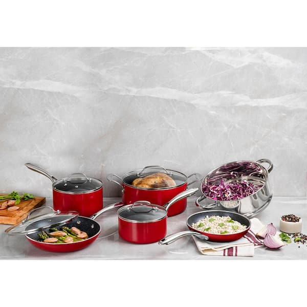 10-Piece Aluminum Ti-Ceramic Nonstick Round Cookware Set with Lids in Red