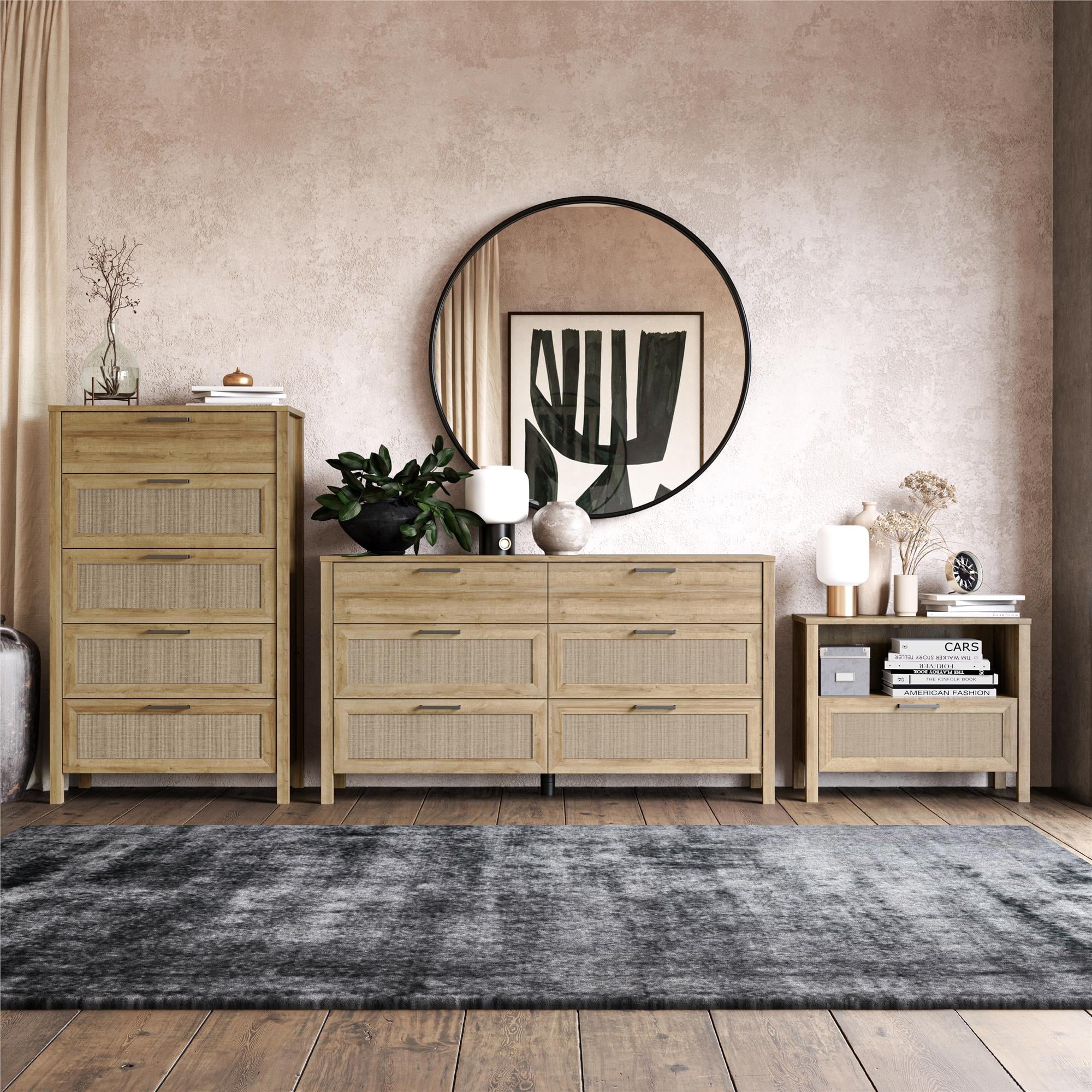 Queer Eye Wimberly 1 Drawer Nightstand, Natural with Faux Rattan