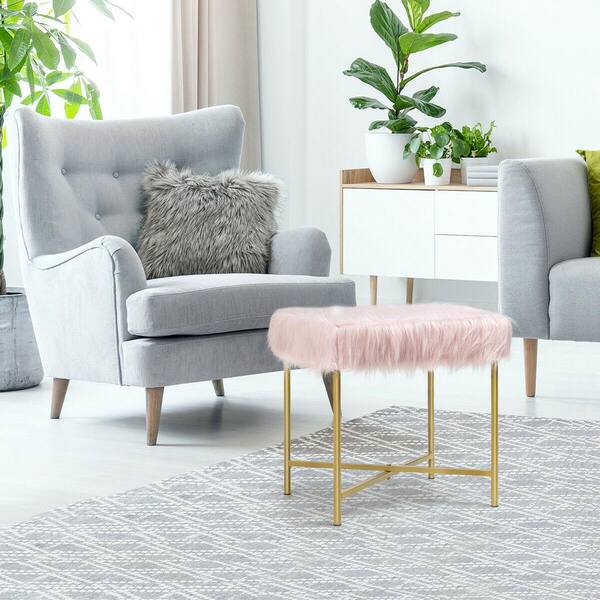 Pink Faux Fur Ottoman Footrest Stool with Metal Legs