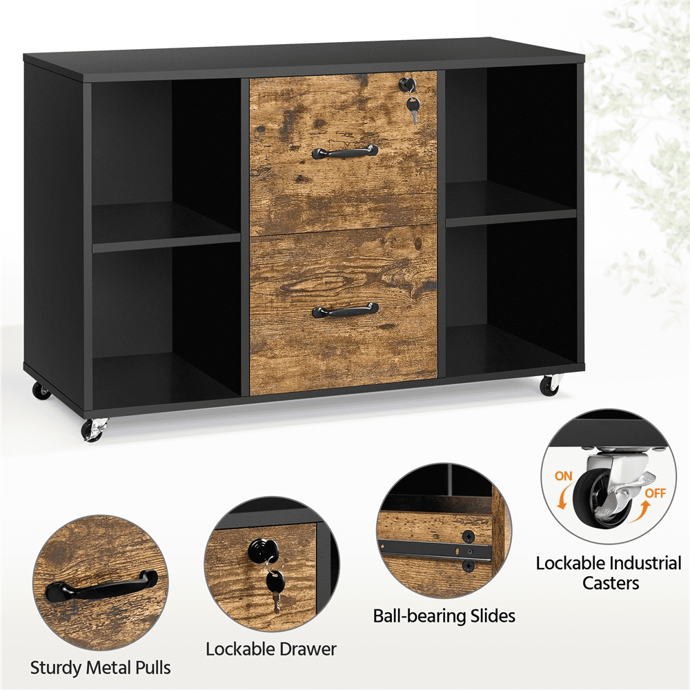 SmileMart Rolling File Cabinet with 2 Drawers, Black/Rustic Brown