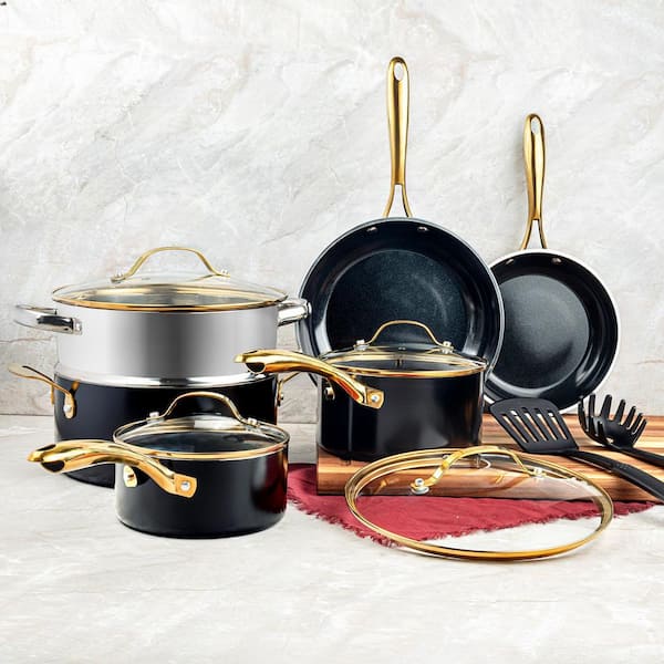 Natural Collection 15-Piece Aluminum Ultra Performance Ceramic Nonstick Cookware Set in Black with Gold Handles