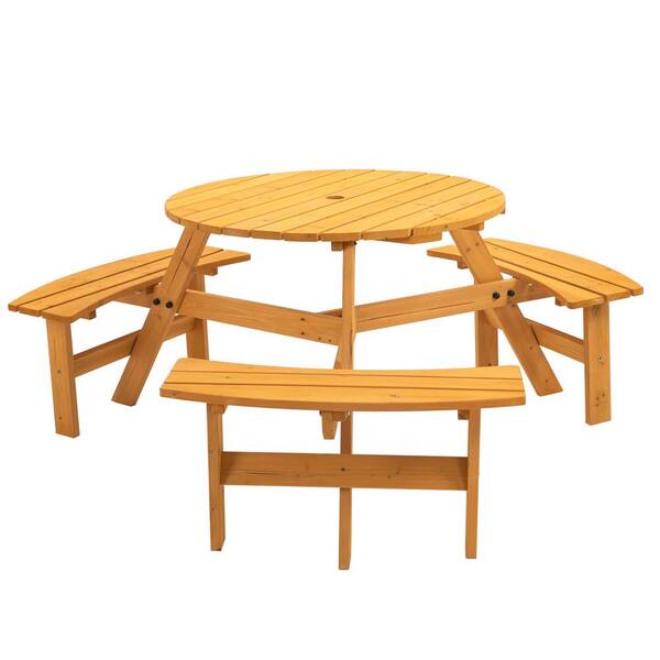 35 in. Brown Round Circular Solid Wood Picnic Table Seats 6-People with Umbrella Hole