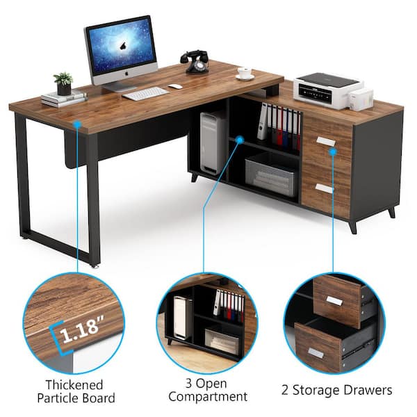 Lantz 55.1 in. L Shaped Desk Brown Engineered Wood 2-Drawers Executive Desk with Cabinet Shelves