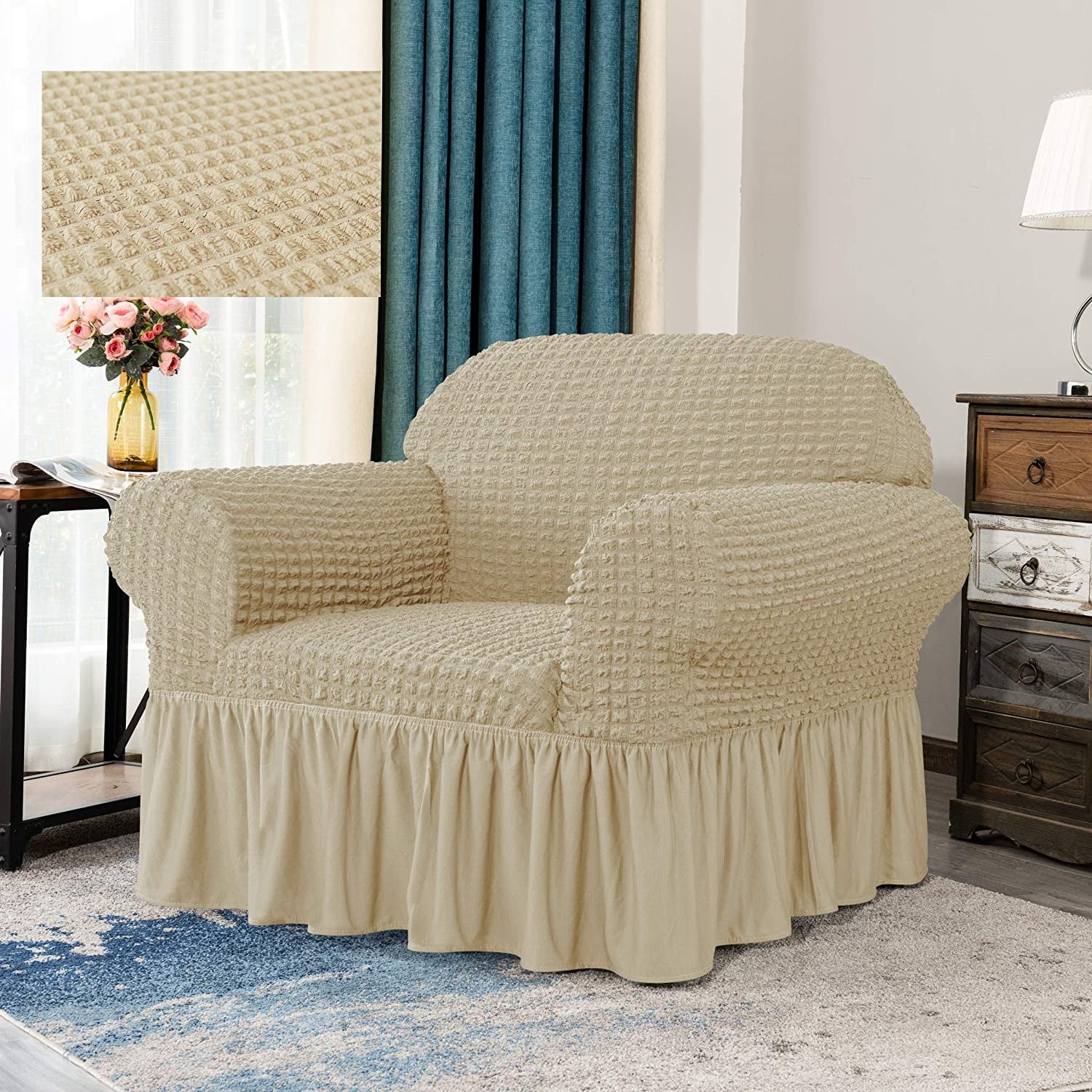 CHUN YI 1 Piece Seersucker Skirt Sofa Cover Couch Slipcover Furniture Protector Easy Fitted (Chair, Light Khaki)