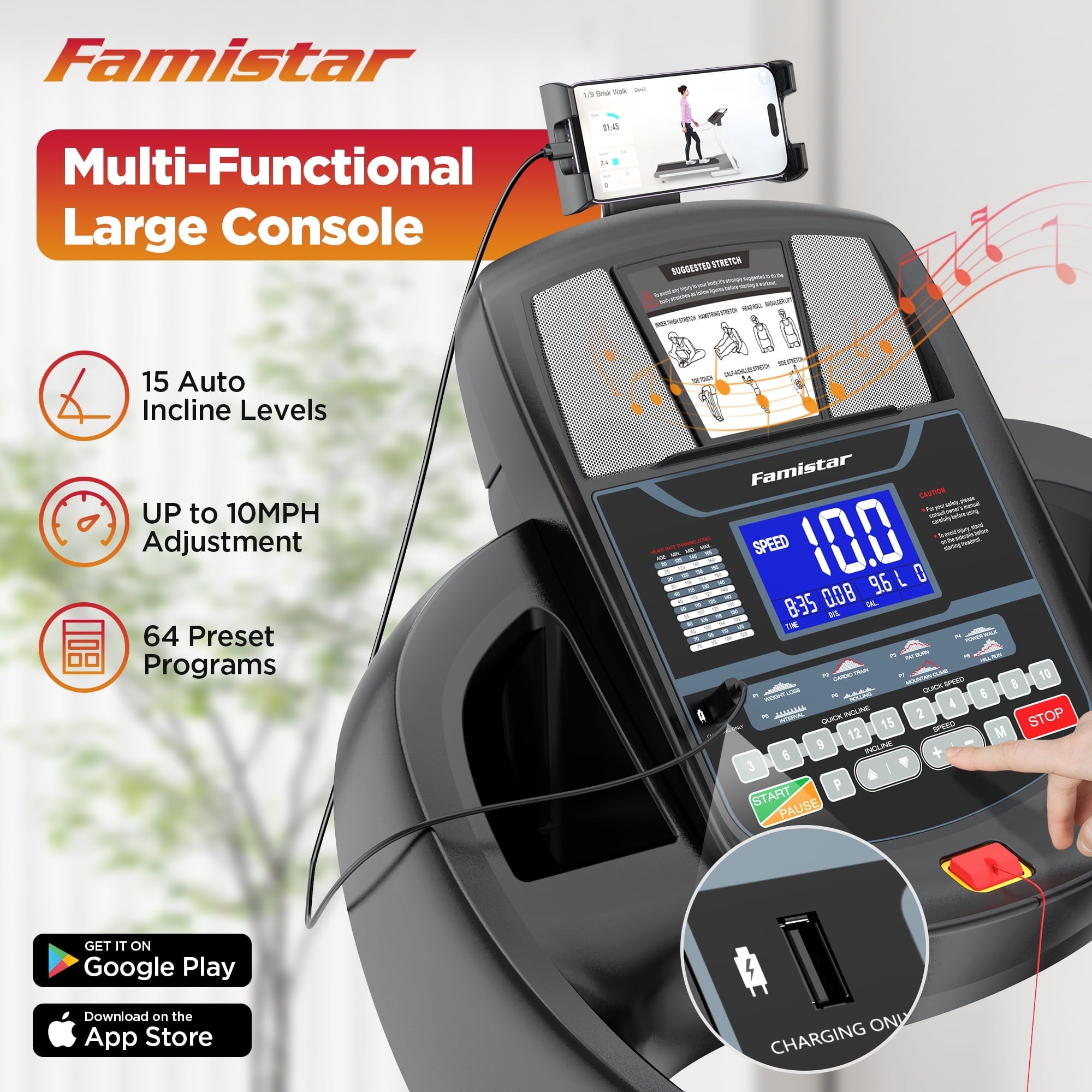 Famistar 4.5HP Folding Treadmill Clearance for Home with 15 Auto Incline, Smart APP, 300lbs, HiFi Bluetooth Speakers, 64 Programs, 10MPH Speed, Foldable EleTreadmill Running Machine, Knee Strap Gift
