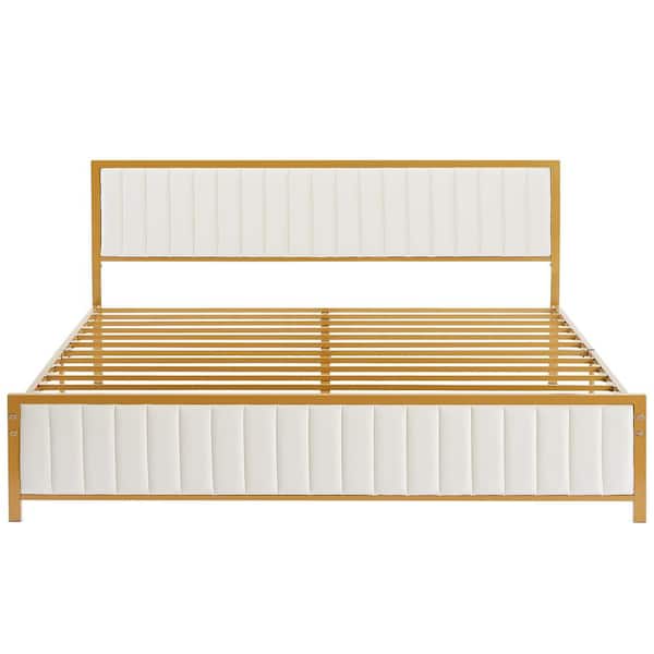 Bed Frame, Gold Queen Metal Frame, Heavy Duty Metal Foundation, Platform Bed with Upholstered Headboard