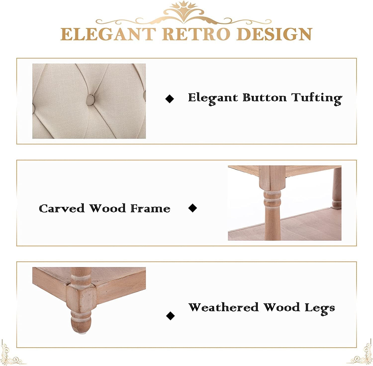 Bonzy Home Upholstered Tufted Storage Bench, 47”French Vintage Entryway Bench & Dining Bench, Fabric End of Bed Bench for Bedroom Living Room Hallway, Beige