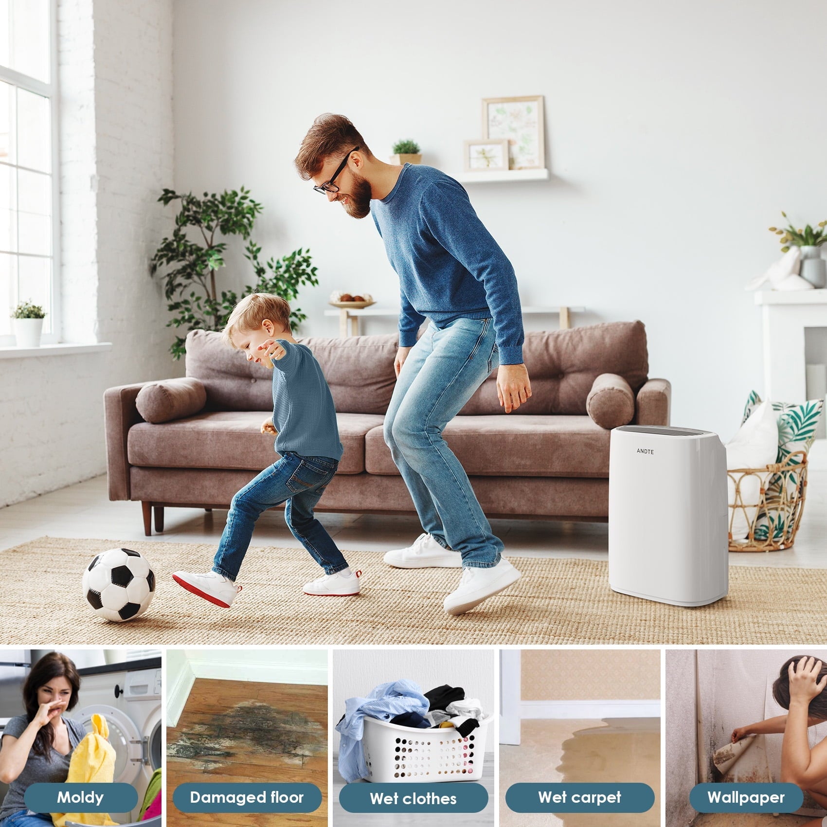 ANDTE 31 Pints Dehumidifiers, Spaces up to 2500 Sq.ft, Auto/Manual Drainage, 0.53 Gallon Water Tank, Auto Defrost, Dry Clothes Function, 24H Timer