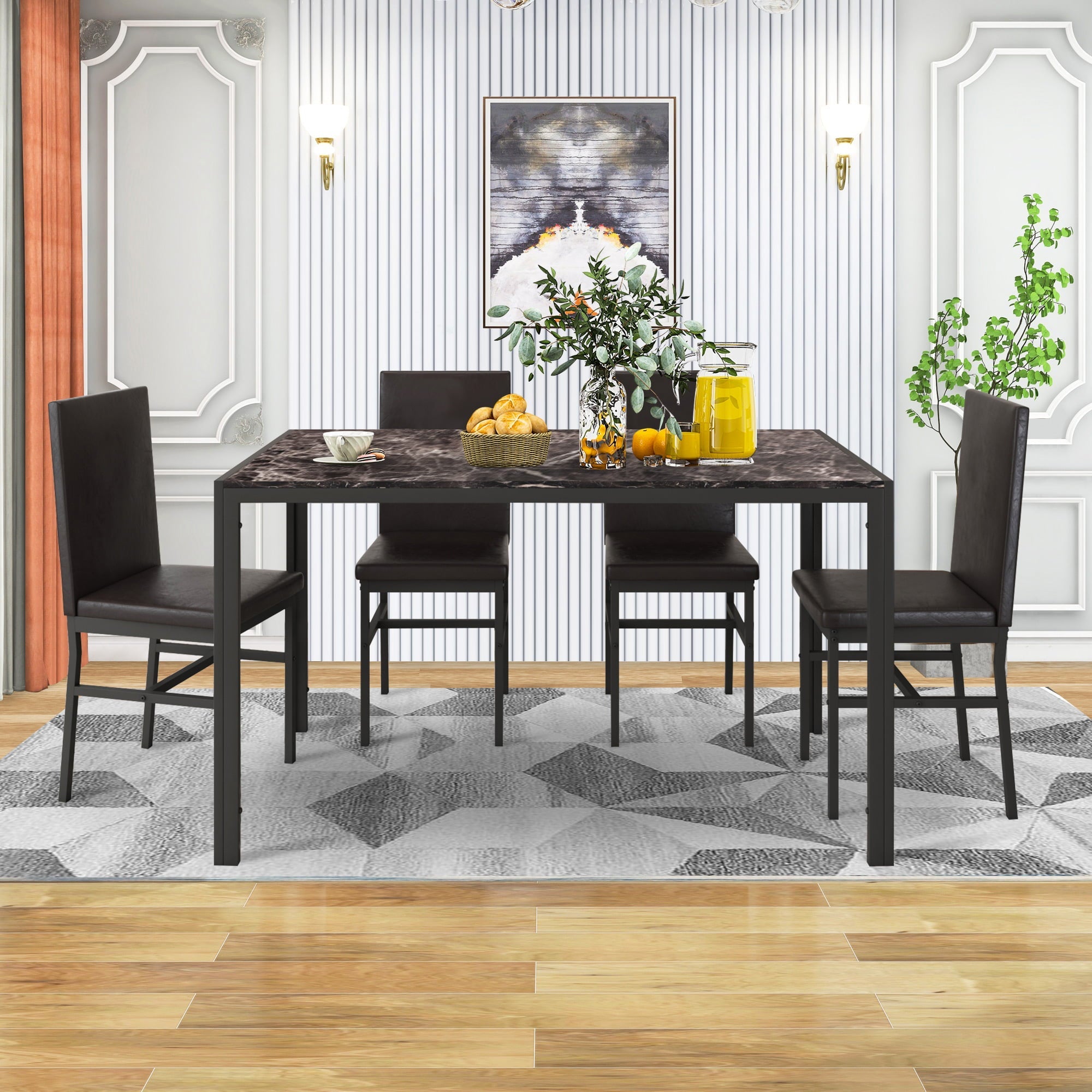 Paproos 5 Piece Dining Table Set, Dining Room Table Set with Marble Top and Faux Leather Upholstery Chairs, Modern Dinette Sets for Breakfast Nook, Compact Kitchen Table and Chairs Set, Brown