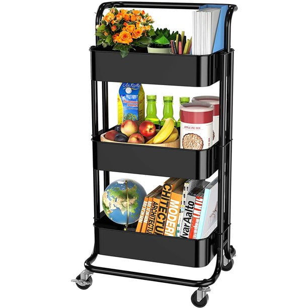 3-Tier Metal Rolling Cart Utility & Storage Cart with Lockable Wheels Kitchen Bathroom Office(White)
