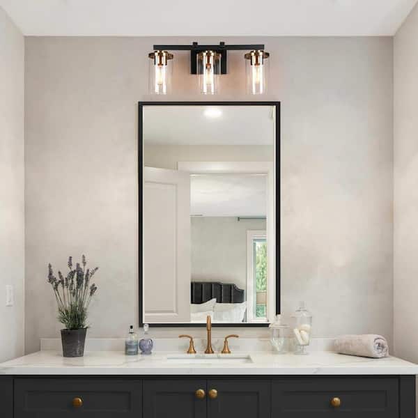 20 in. Modern 3-Light Black Vanity Light, Transitional Wall Light Straight Bar with Cylinder Clear Glass Shade