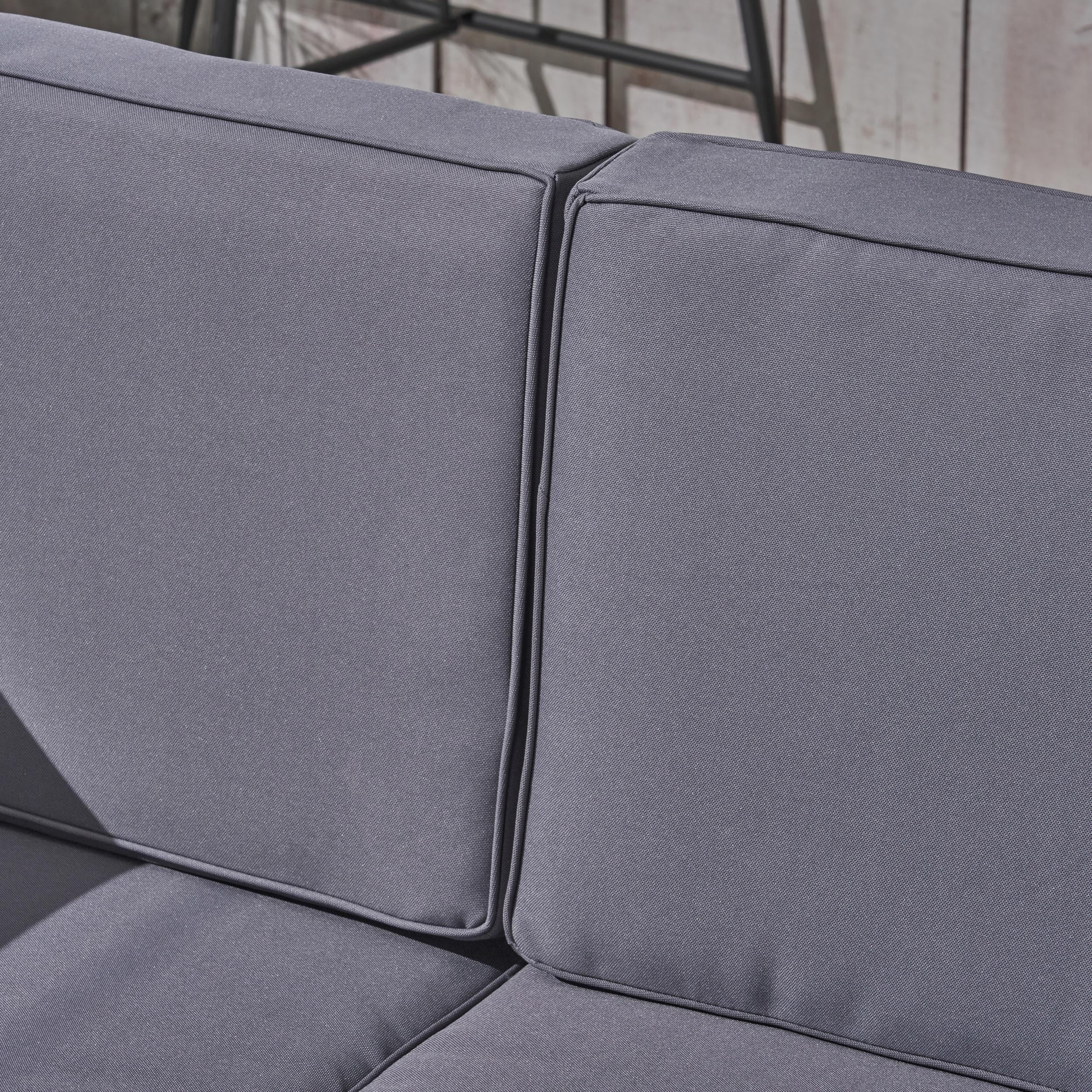 Leyla Outdoor 7 Piece Acacia Wood V-Shaped Sectional Sofa Set with Cushions and Fire Pit, Gray, Dark Gray, Dark Gray