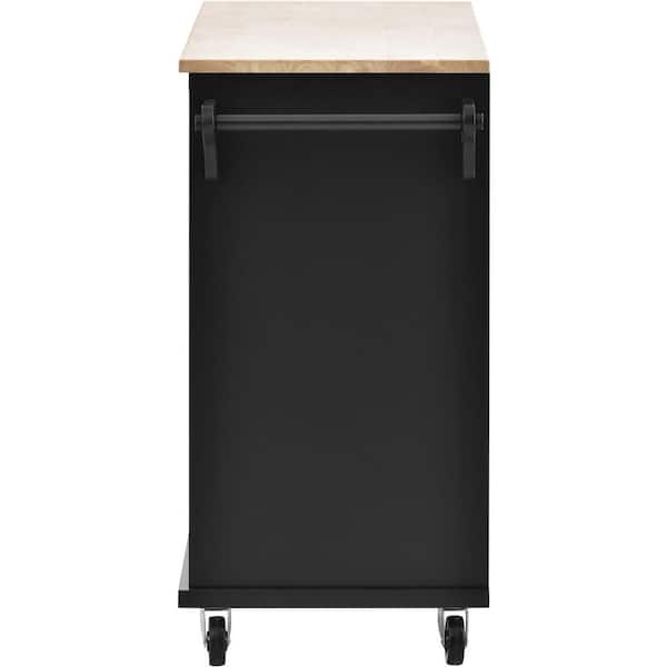 Black Kitchen Island on 5-Wheels with Storage Cabinet and Microwave Cabinet Solid Wood Desktop