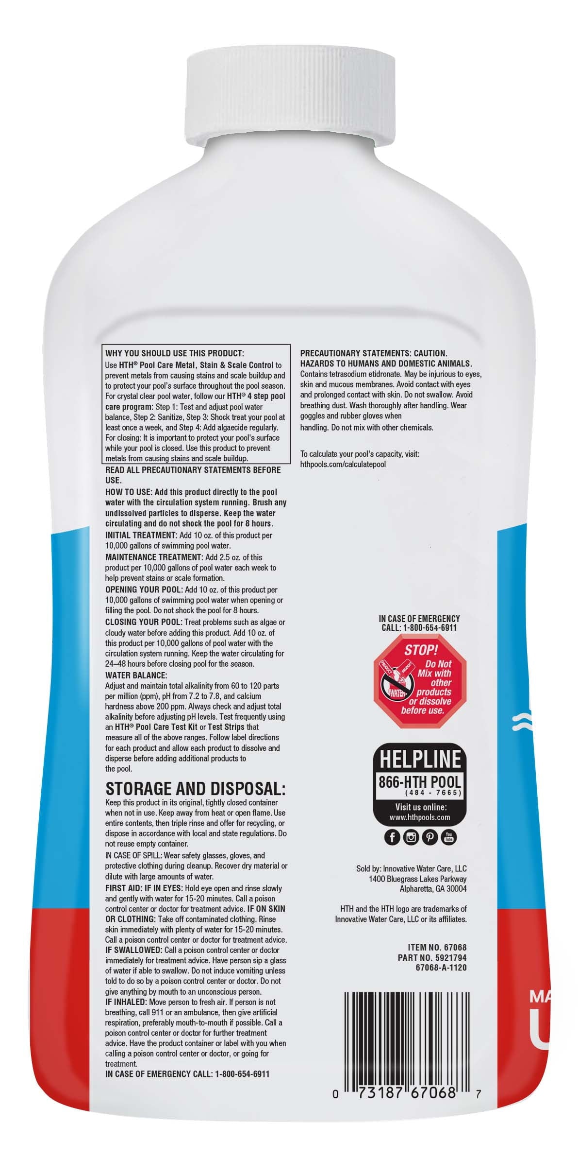 HTH Pool Care Metal & Stain Defense for Swimming Pools, 1Qt