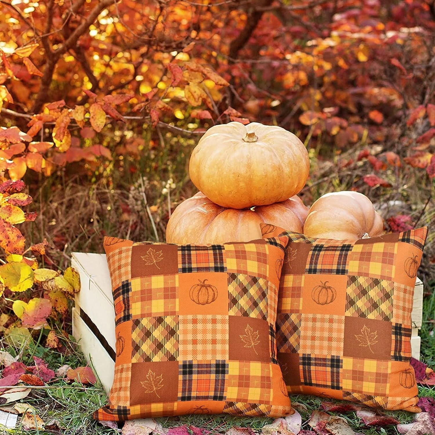 BLEUM CADE Fall Pillow Covers 18 x 18 inch,Buffalo Checked Plaid Throw Pillow Covers Set of 2 Outdoor Decorative Throw Pillows Cushion Cases for Patio Bed Couch,Orange