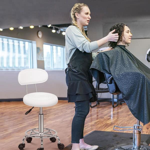 19 in. Height White PU Leather Seat Adjustable Salon Stool with Back Office Rolling Chair