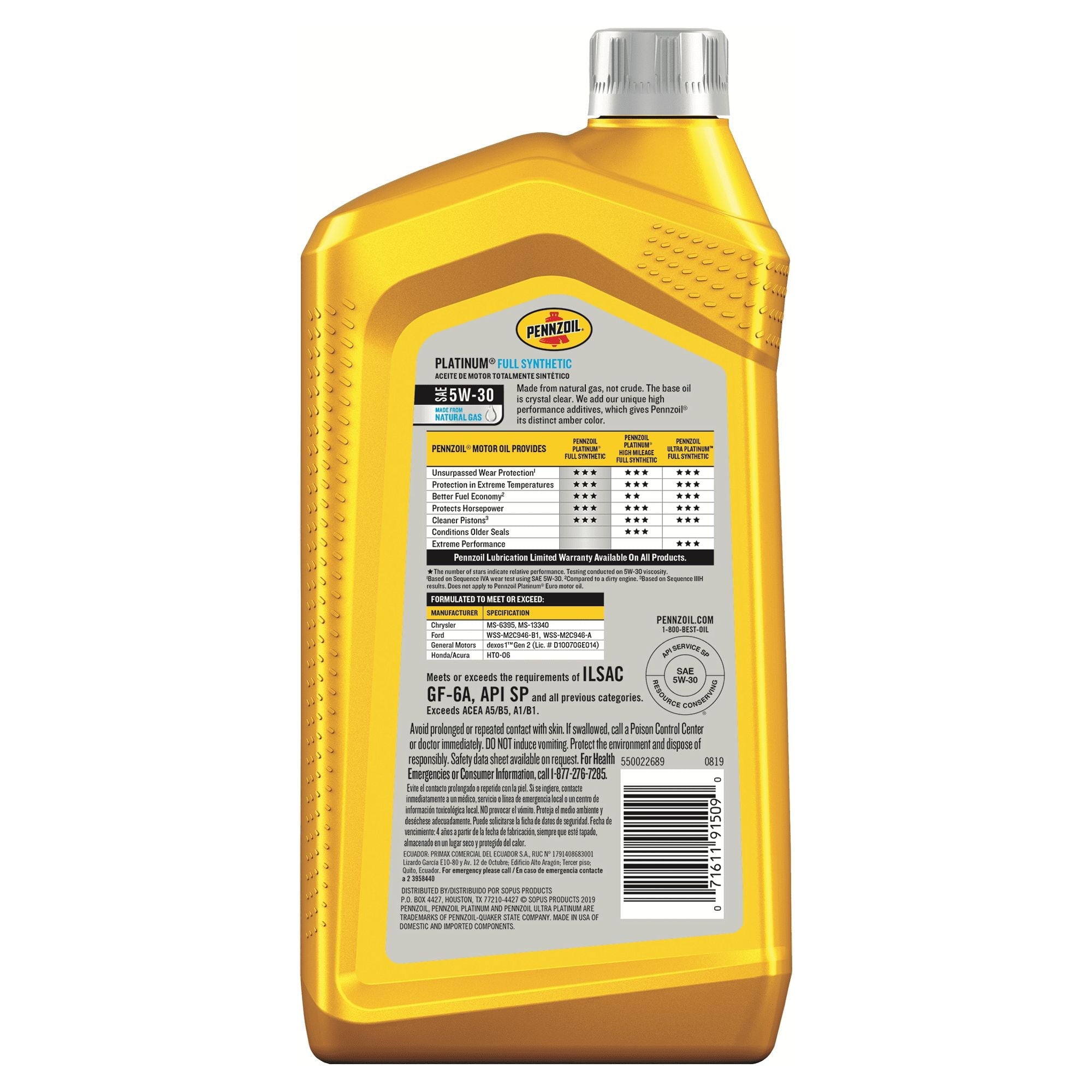 Pennzoil Platinum Full Synthetic Motor Oil SAE 5W-30, 1 Quart