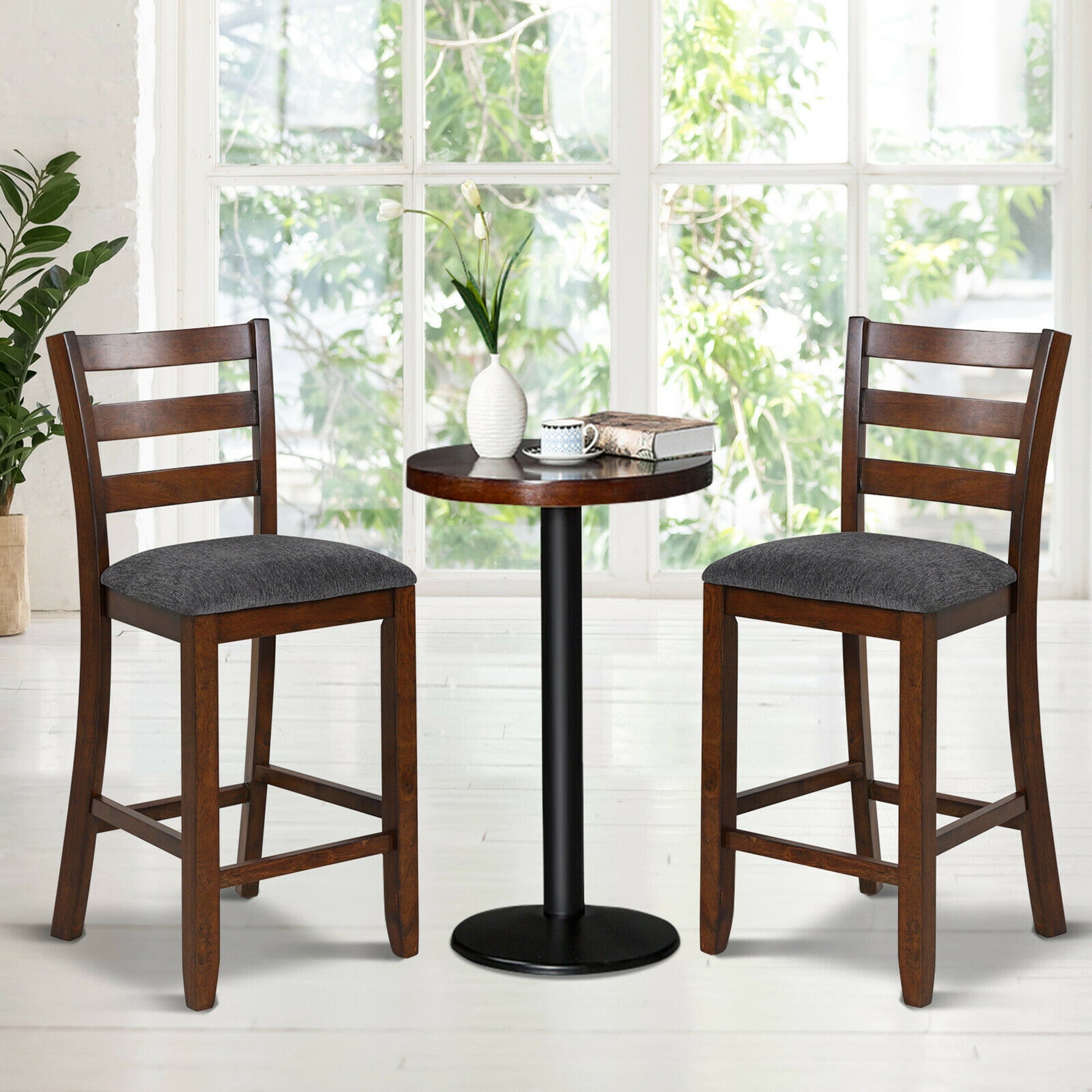 Gymax Set of 2 Barstools Counter Height Chairs w/Fabric Seat & Rubber Wood Legs