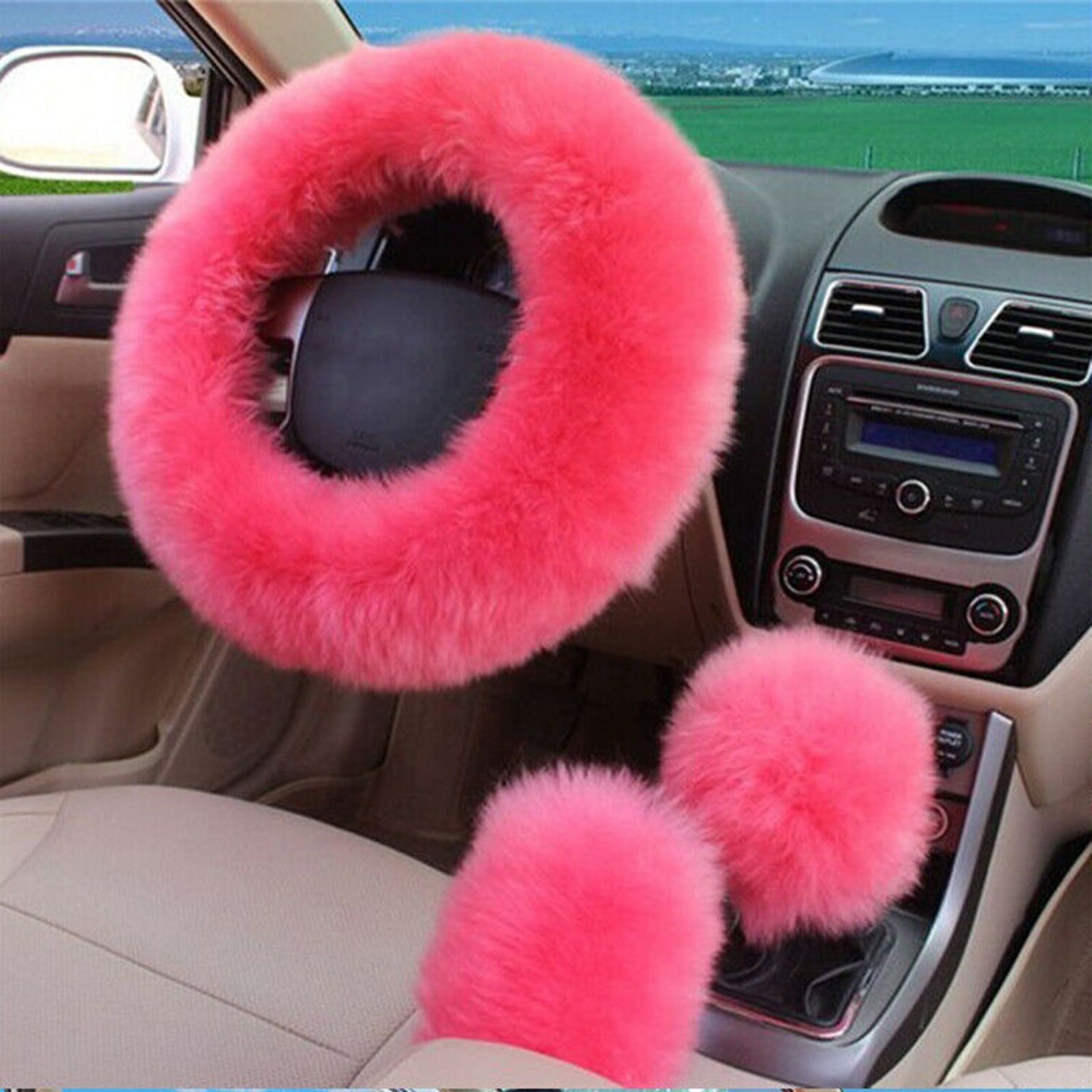 Carolily Finery New 3Pcs/Set Woolen Winter Warm Fuzzy Steering Wheel Cover Long Plush Handbrake Car Accessory