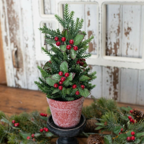 Farmhouse Country Christmas 12" Potted Glittery Holly Pine Tree Ragon House