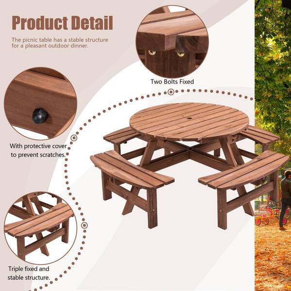 70.07 in. W Brown Solid Wood 8 Person Wooden Picnic Table Garden DIY w/4 Built-in Benches