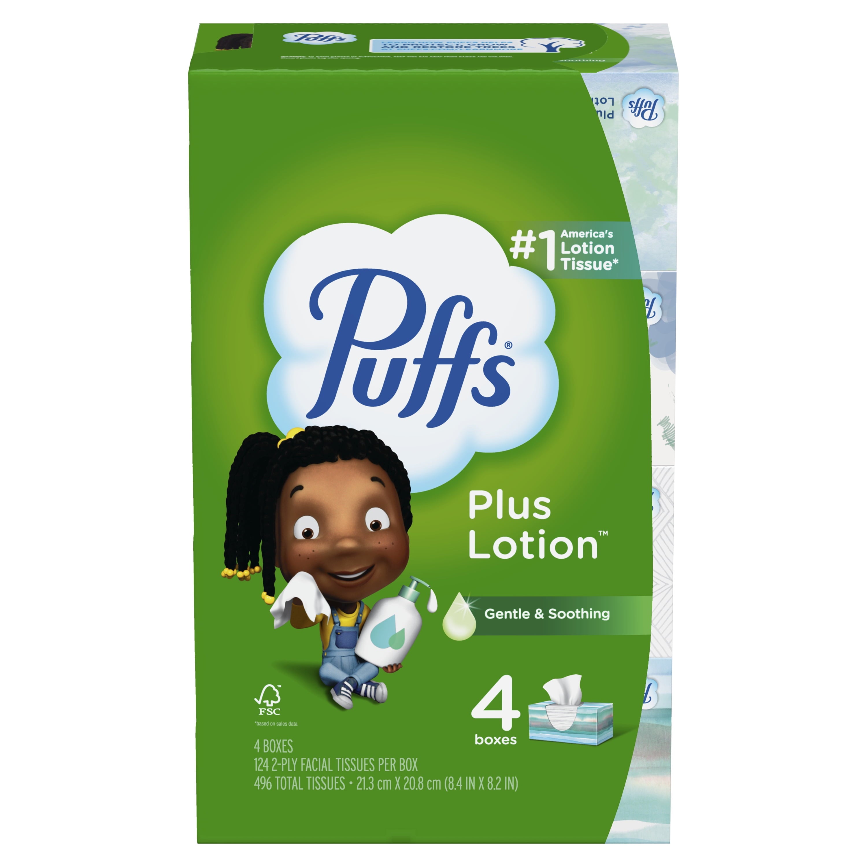 Puffs Plus Lotion Facial Tissues, 4 Family Box, 124 White Tissues per Box