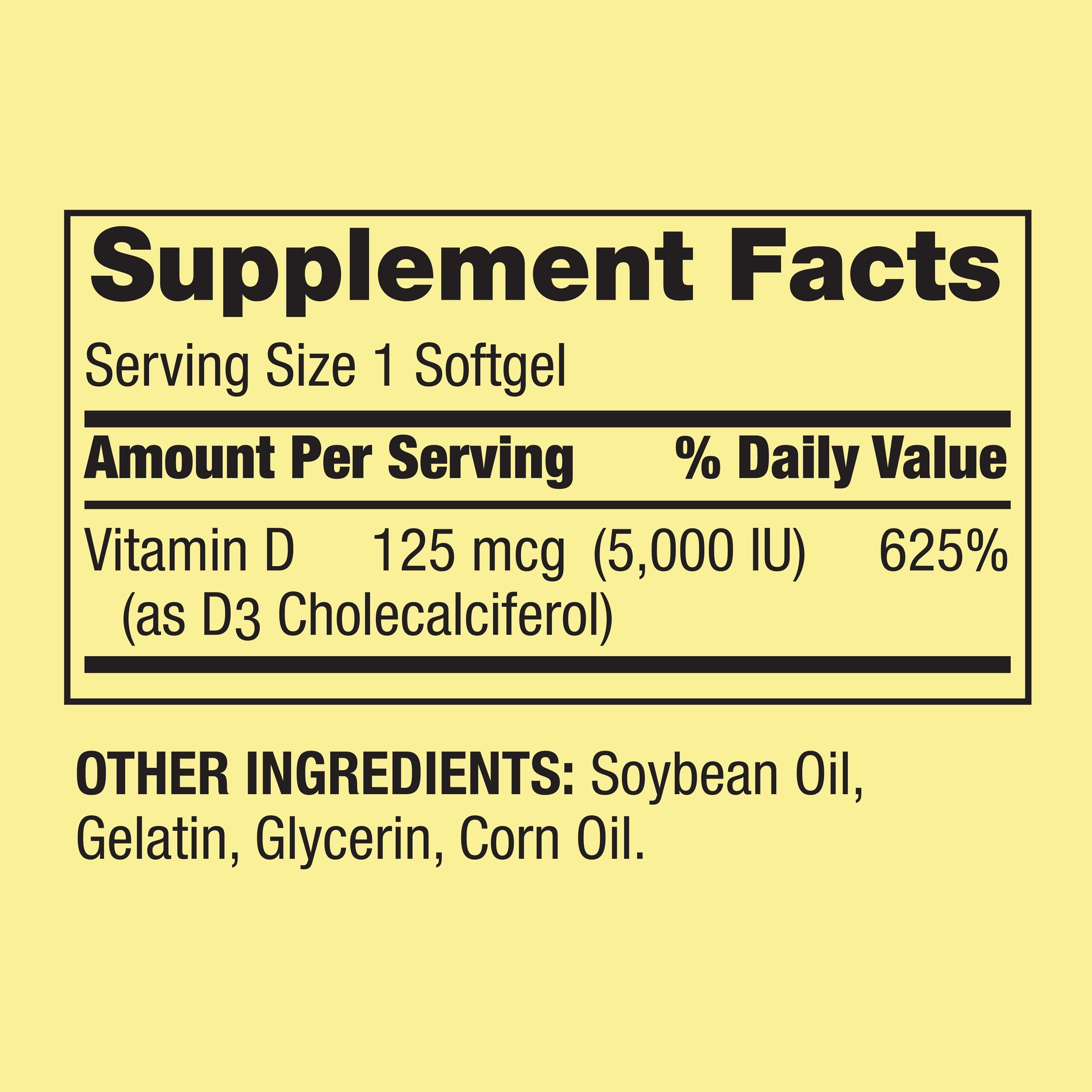 Spring Valley Vitamin D3 Softgels, 125 mcg per Softgel, 5,000 IU, 250 Count