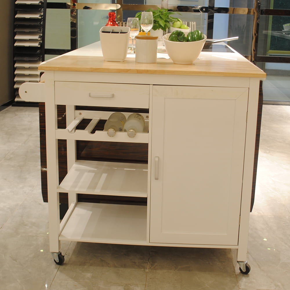 Highsound Wooden Kitchen Island Cart with 3 Shelfs and Cabinet, Kitchen Storage Carts Table with Drawer and Lockable Wheels, White